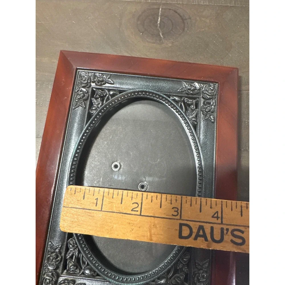 Vintage Faux Wood and Silver Rose Oval Picture Frame 8.5x6.5 Brown Silver